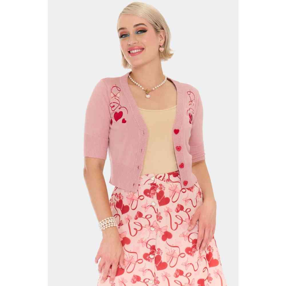 Voodoo Vixen - Heart And Ribbon Embroidered Strickjacke - Rosa